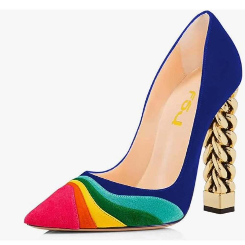 FSJ Blue Pointed Toe Heels with Rainbow Accents and Gold Chain Heel
